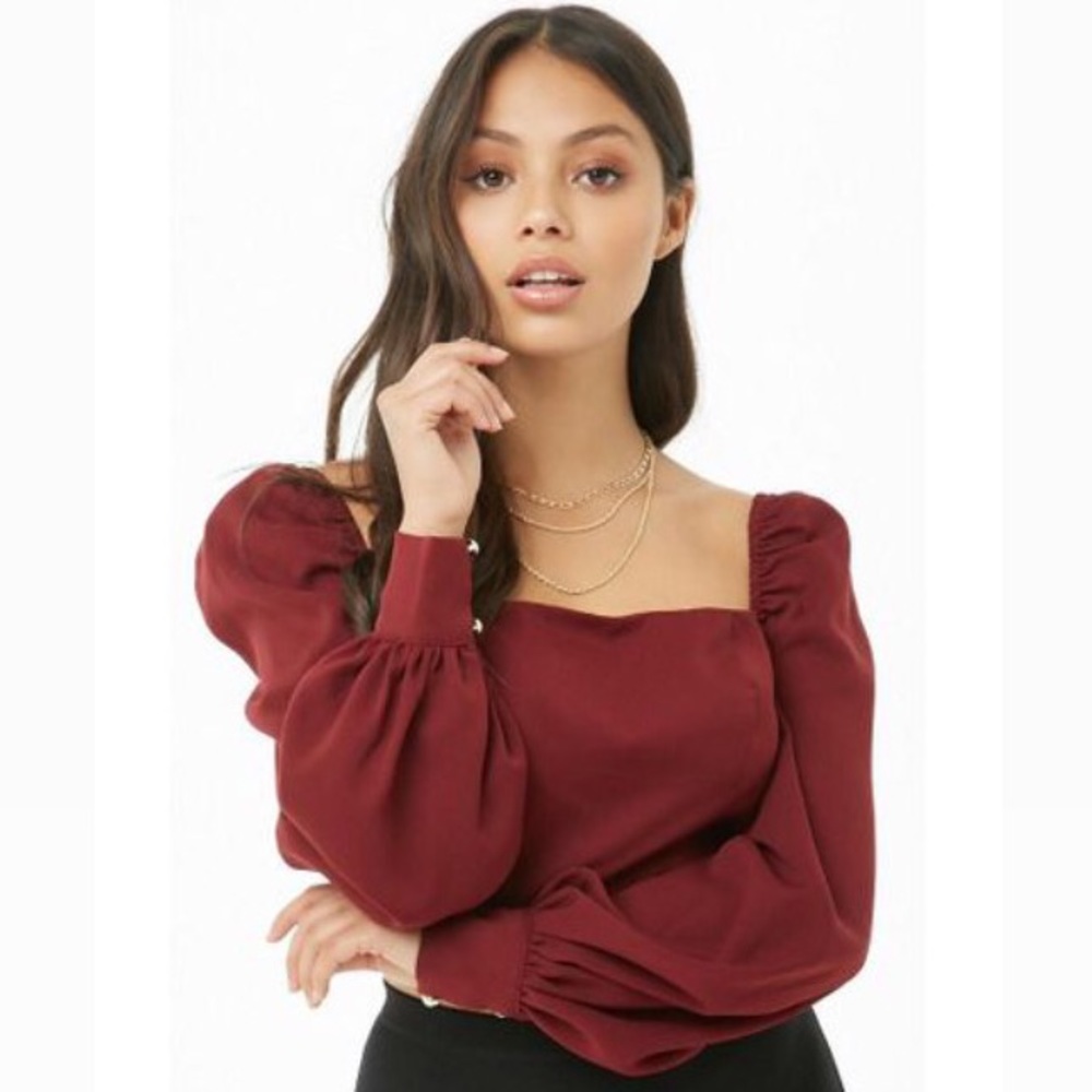 Bishop Sleeve Square Neck Crop Top
